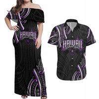 Traditional Art Hawaiian Kakau Tattoos Couples Matching Off Shoulder Maxi Dress and Hawaiian Shirt Purple Color LT03 Purple - Polynesian Pride