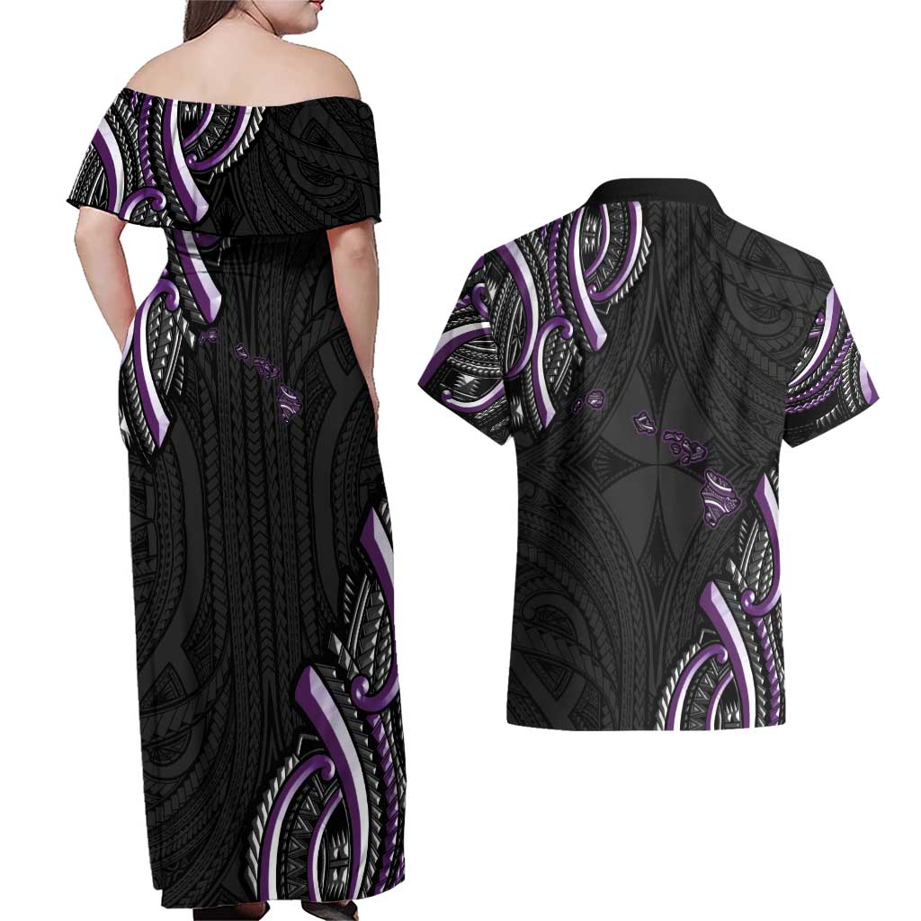 Traditional Art Hawaiian Kakau Tattoos Couples Matching Off Shoulder Maxi Dress and Hawaiian Shirt Purple Color LT03 - Polynesian Pride