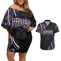 Traditional Art Hawaiian Kakau Tattoos Couples Matching Off Shoulder Short Dress and Hawaiian Shirt Purple Color LT03 Purple - Polynesian Pride