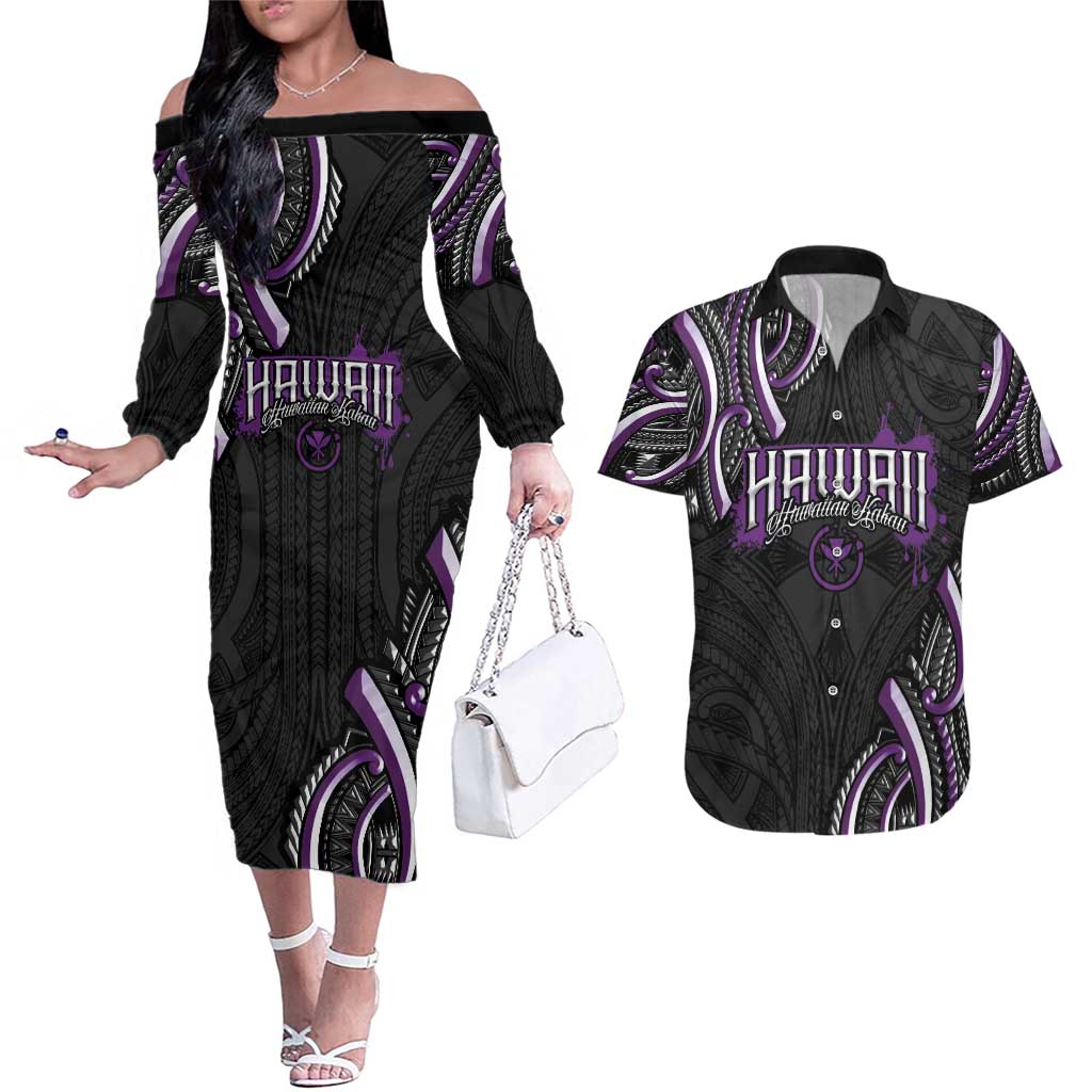Traditional Art Hawaiian Kakau Tattoos Couples Matching Off The Shoulder Long Sleeve Dress and Hawaiian Shirt Purple Color - Polynesian Pride