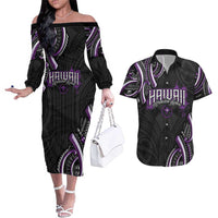 Traditional Art Hawaiian Kakau Tattoos Couples Matching Off The Shoulder Long Sleeve Dress and Hawaiian Shirt Purple Color LT03 Purple - Polynesian Pride
