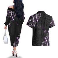 Traditional Art Hawaiian Kakau Tattoos Couples Matching Off The Shoulder Long Sleeve Dress and Hawaiian Shirt Purple Color LT03 - Polynesian Pride