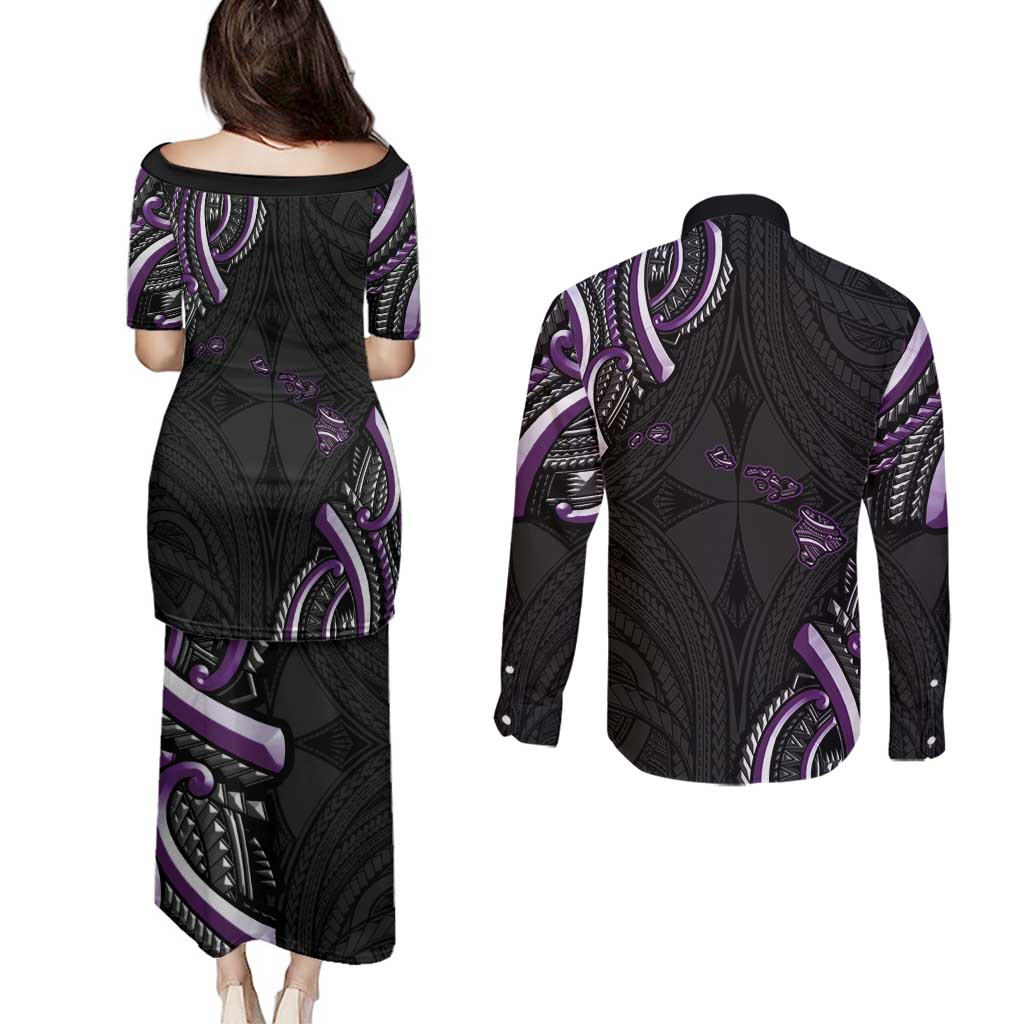 Traditional Art Hawaiian Kakau Tattoos Couples Matching Puletasi and Long Sleeve Button Shirt Purple Color - Polynesian Pride