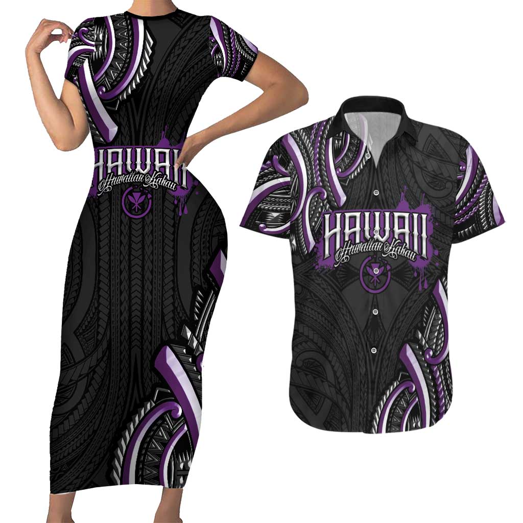 Traditional Art Hawaiian Kakau Tattoos Couples Matching Short Sleeve Bodycon Dress and Hawaiian Shirt Purple Color LT03 Purple - Polynesian Pride