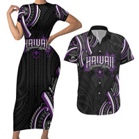 Traditional Art Hawaiian Kakau Tattoos Couples Matching Short Sleeve Bodycon Dress and Hawaiian Shirt Purple Color LT03 Purple - Polynesian Pride