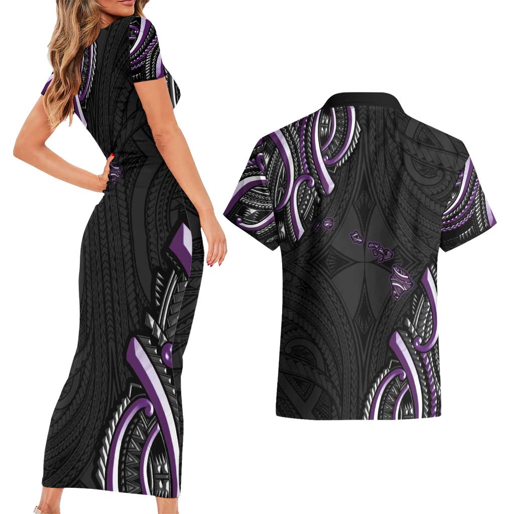 Traditional Art Hawaiian Kakau Tattoos Couples Matching Short Sleeve Bodycon Dress and Hawaiian Shirt Purple Color LT03 - Polynesian Pride