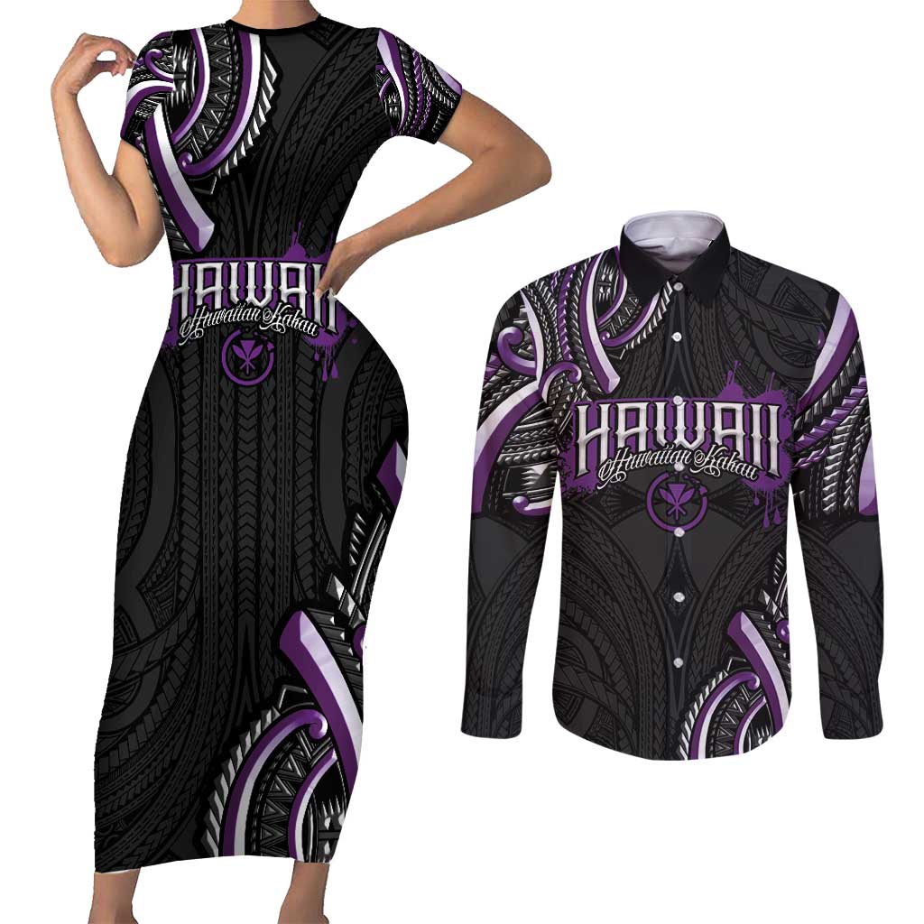 Traditional Art Hawaiian Kakau Tattoos Couples Matching Short Sleeve Bodycon Dress and Long Sleeve Button Shirt Purple Color LT03 Purple - Polynesian Pride