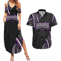 Traditional Art Hawaiian Kakau Tattoos Couples Matching Summer Maxi Dress and Hawaiian Shirt Purple Color LT03 Purple - Polynesian Pride