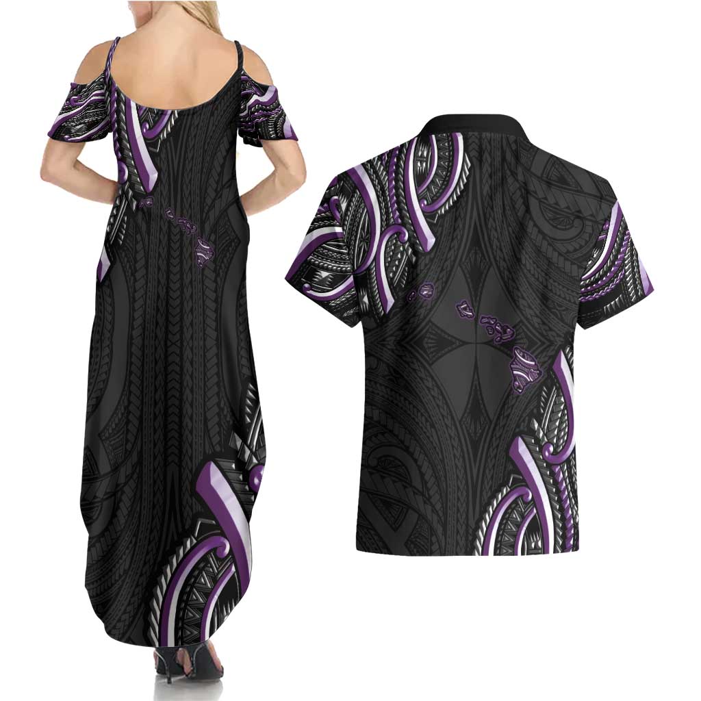 Traditional Art Hawaiian Kakau Tattoos Couples Matching Summer Maxi Dress and Hawaiian Shirt Purple Color LT03 - Polynesian Pride