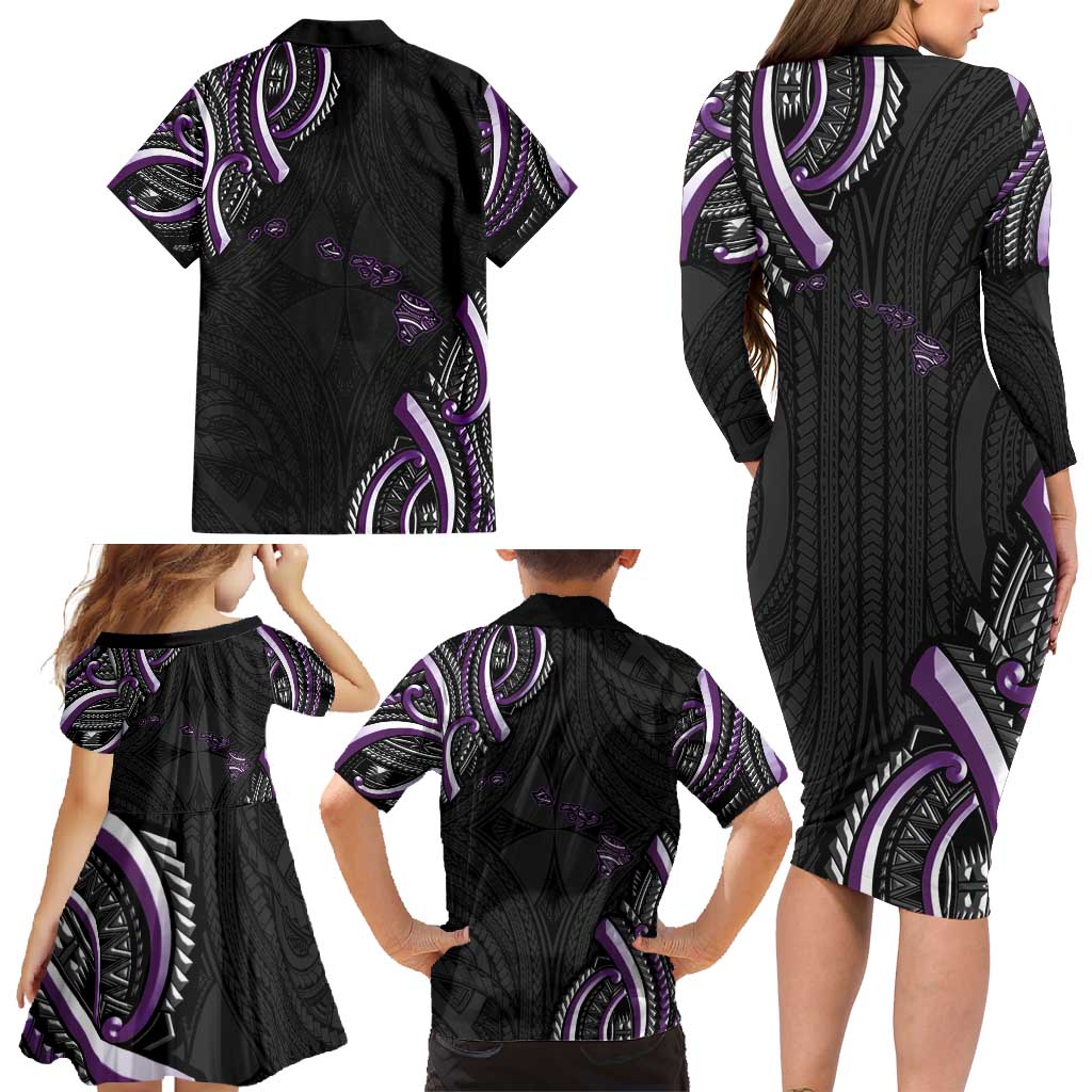 Traditional Art Hawaiian Kakau Tattoos Family Matching Long Sleeve Bodycon Dress and Hawaiian Shirt Purple Color LT03 - Polynesian Pride