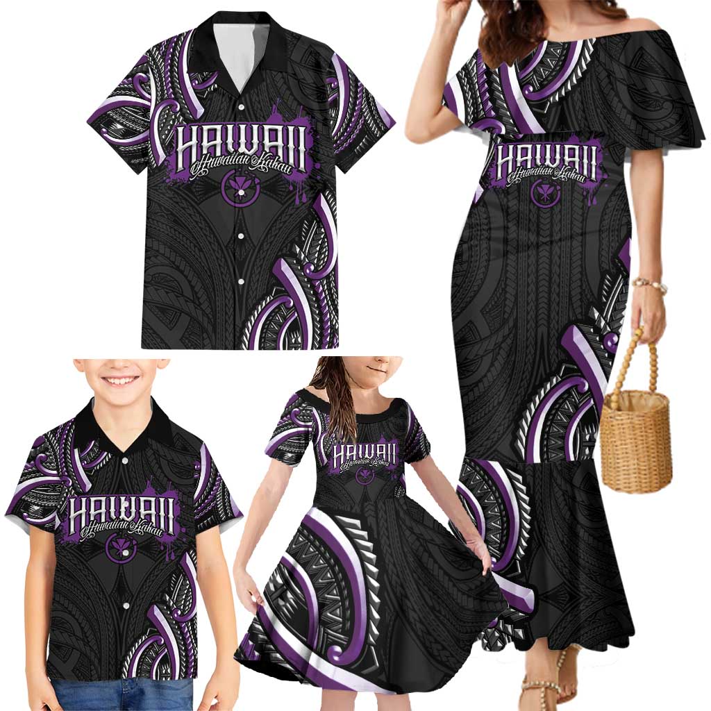 Traditional Art Hawaiian Kakau Tattoos Family Matching Mermaid Dress and Hawaiian Shirt Purple Color LT03 - Polynesian Pride