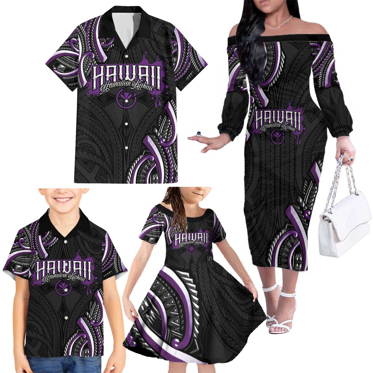 Traditional Art Hawaiian Kakau Tattoos Family Matching Off The Shoulder Long Sleeve Dress and Hawaiian Shirt Purple Color LT03 - Polynesian Pride
