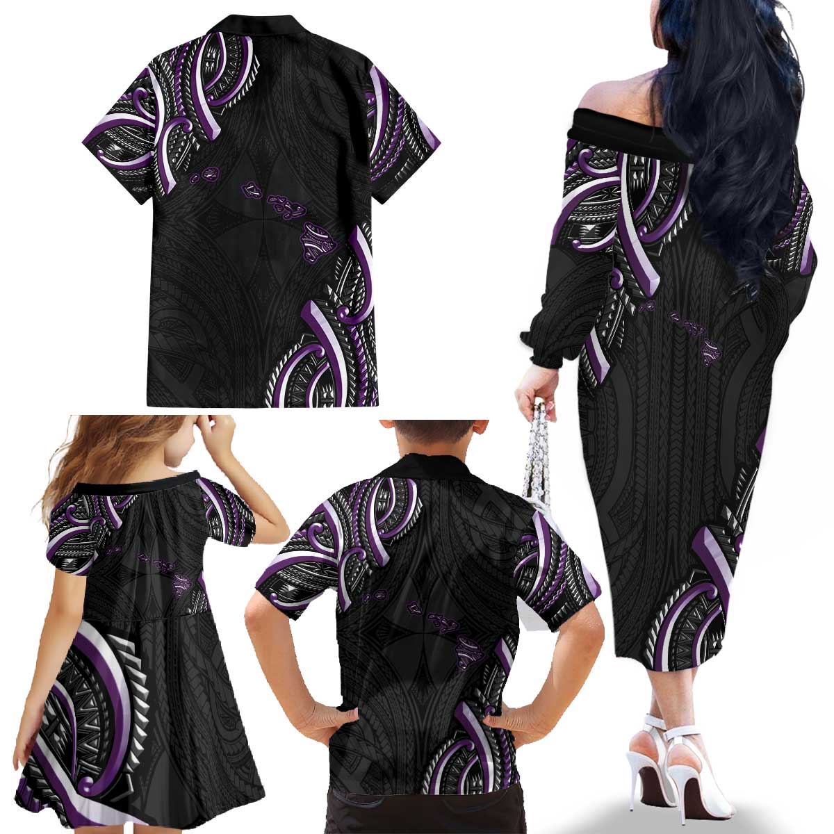 Traditional Art Hawaiian Kakau Tattoos Family Matching Off The Shoulder Long Sleeve Dress and Hawaiian Shirt Purple Color LT03 - Polynesian Pride