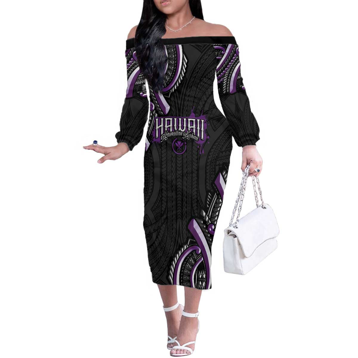 Traditional Art Hawaiian Kakau Tattoos Family Matching Off The Shoulder Long Sleeve Dress and Hawaiian Shirt Purple Color LT03 Mom's Dress Purple - Polynesian Pride