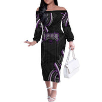 Traditional Art Hawaiian Kakau Tattoos Family Matching Off The Shoulder Long Sleeve Dress and Hawaiian Shirt Purple Color LT03 Mom's Dress Purple - Polynesian Pride