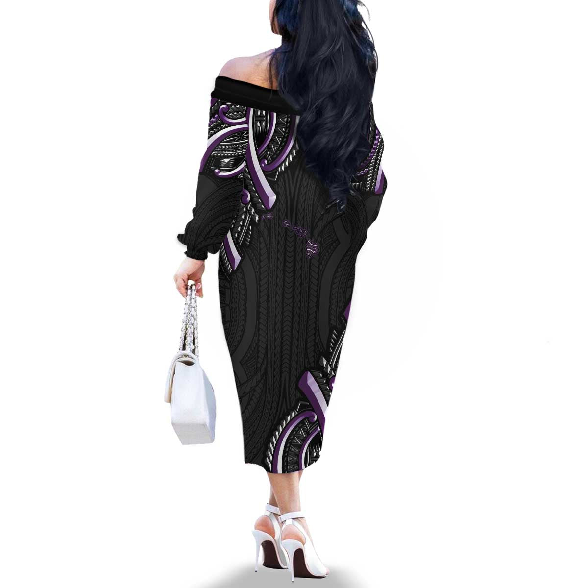Traditional Art Hawaiian Kakau Tattoos Family Matching Off The Shoulder Long Sleeve Dress and Hawaiian Shirt Purple Color LT03 - Polynesian Pride