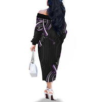 Traditional Art Hawaiian Kakau Tattoos Family Matching Off The Shoulder Long Sleeve Dress and Hawaiian Shirt Purple Color LT03 - Polynesian Pride