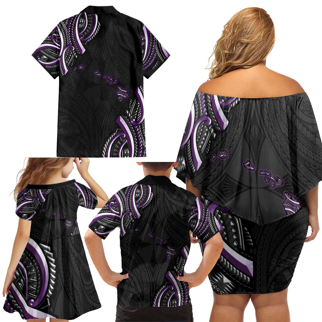 Traditional Art Hawaiian Kakau Tattoos Family Matching Off Shoulder Short Dress and Hawaiian Shirt Purple Color LT03 - Polynesian Pride