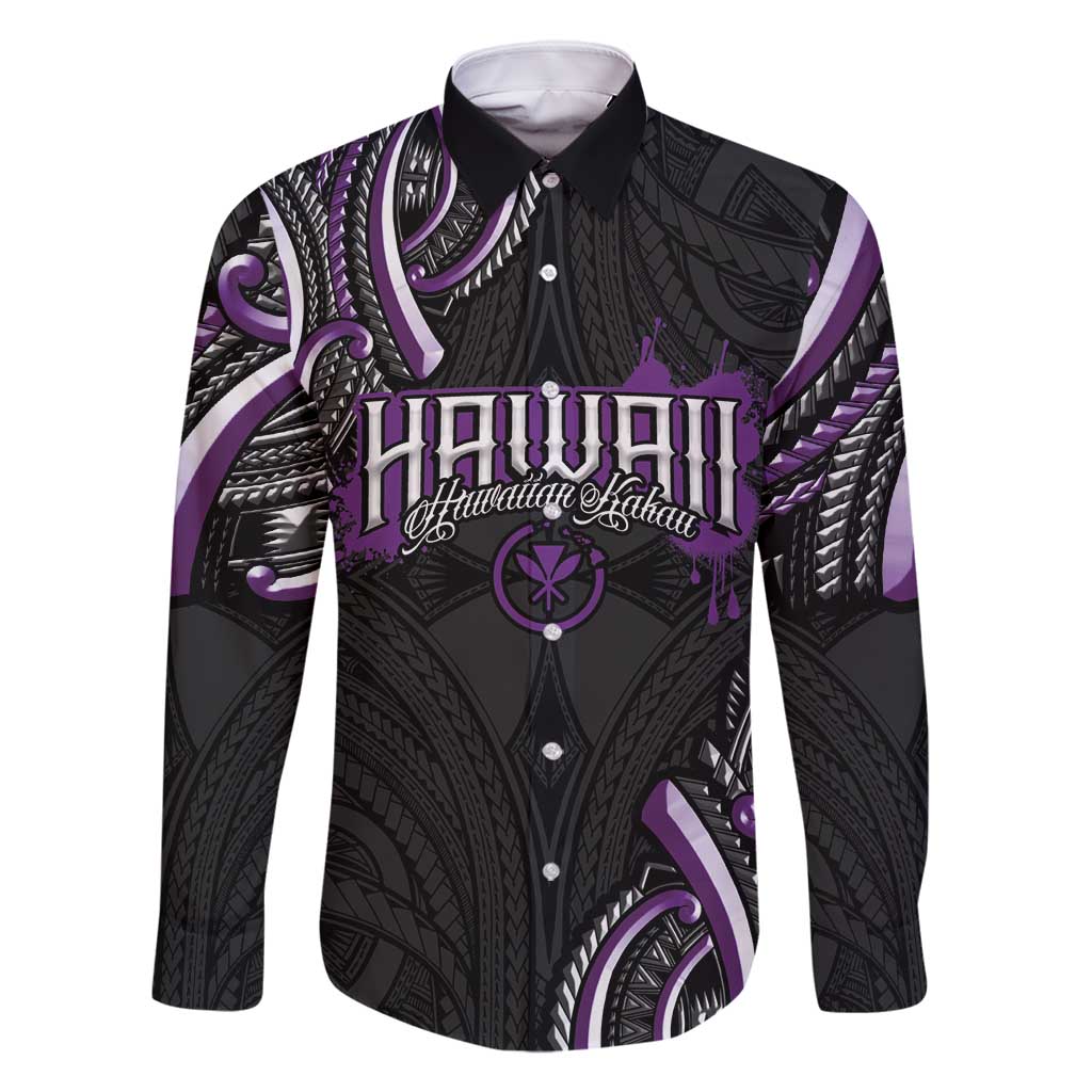Traditional Art Hawaiian Kakau Tattoos Family Matching Off Shoulder Short Dress and Hawaiian Shirt Purple Color LT03 Dad's Shirt - Long Sleeve Purple - Polynesian Pride