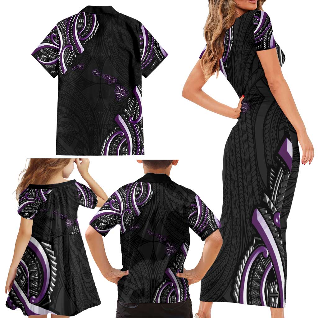 Traditional Art Hawaiian Kakau Tattoos Family Matching Short Sleeve Bodycon Dress and Hawaiian Shirt Purple Color LT03 - Polynesian Pride
