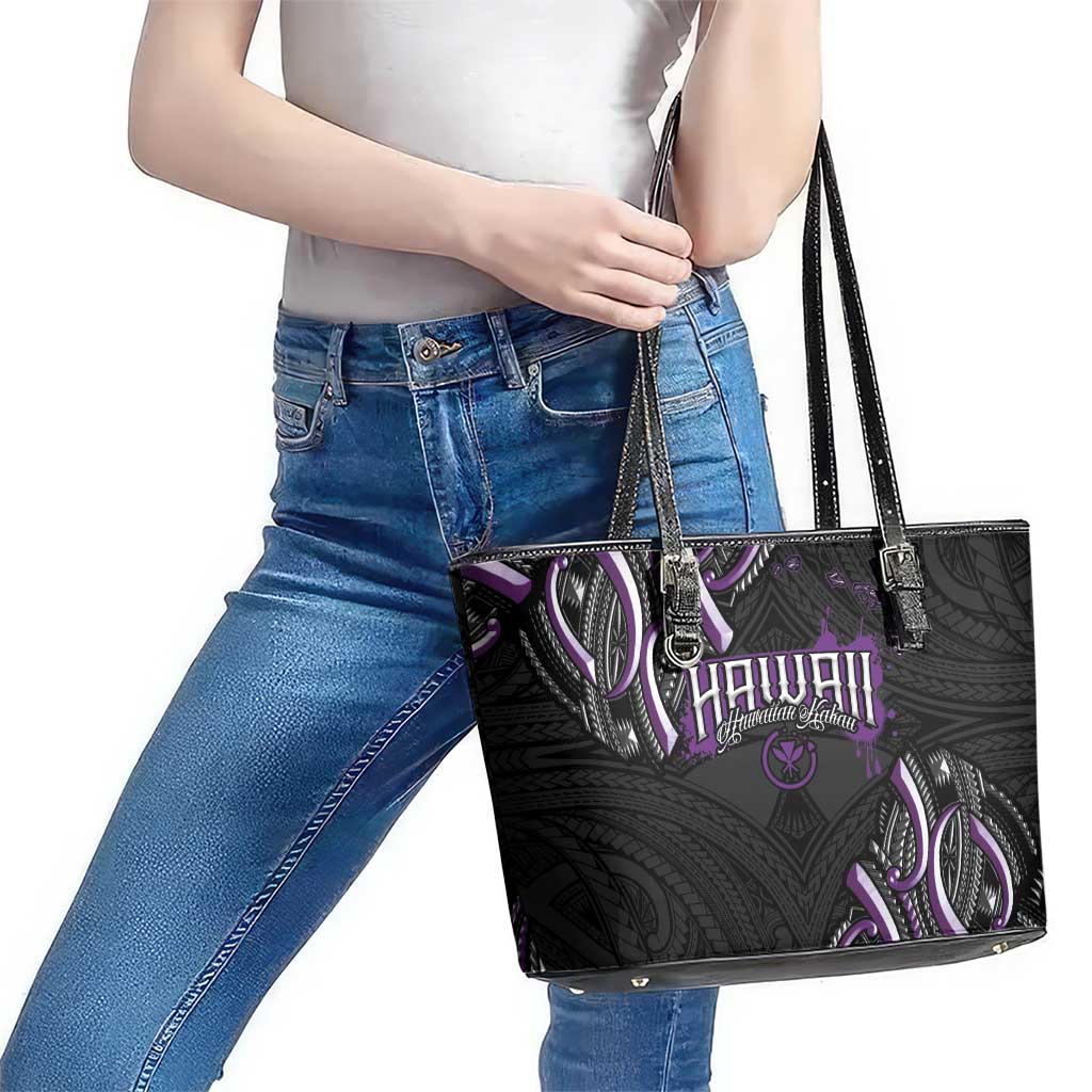 Traditional Art Hawaiian Kakau Tattoos Leather Tote Bag Purple Color - Polynesian Pride