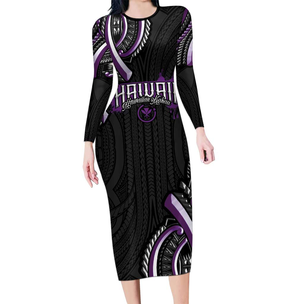 Traditional Art Hawaiian Kakau Tattoos Long Sleeve Bodycon Dress Purple Color - Polynesian Pride