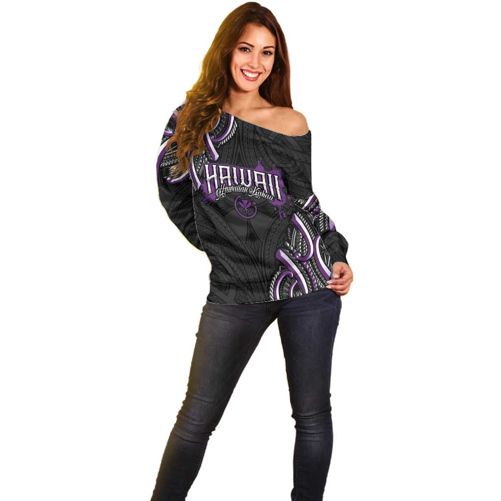 Traditional Art Hawaiian Kakau Tattoos Off Shoulder Sweater Purple Color - Polynesian Pride