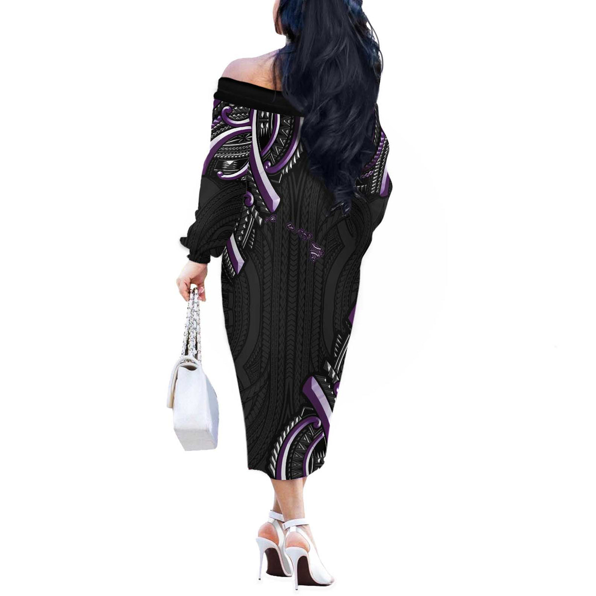Traditional Art Hawaiian Kakau Tattoos Off The Shoulder Long Sleeve Dress Purple Color - Polynesian Pride