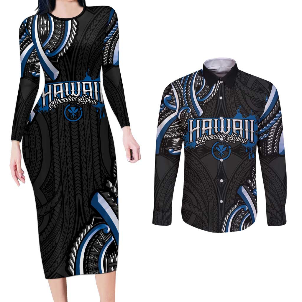 Traditional Art Hawaiian Kakau Tattoos Couples Matching Long Sleeve Bodycon Dress and Long Sleeve Button Shirt Blue Color LT03 Blue - Polynesian Pride