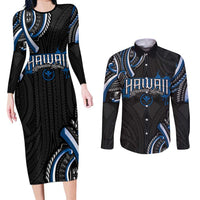 Traditional Art Hawaiian Kakau Tattoos Couples Matching Long Sleeve Bodycon Dress and Long Sleeve Button Shirt Blue Color LT03 Blue - Polynesian Pride