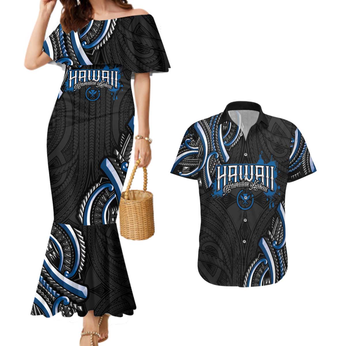 Traditional Art Hawaiian Kakau Tattoos Couples Matching Mermaid Dress and Hawaiian Shirt Blue Color LT03 Blue - Polynesian Pride