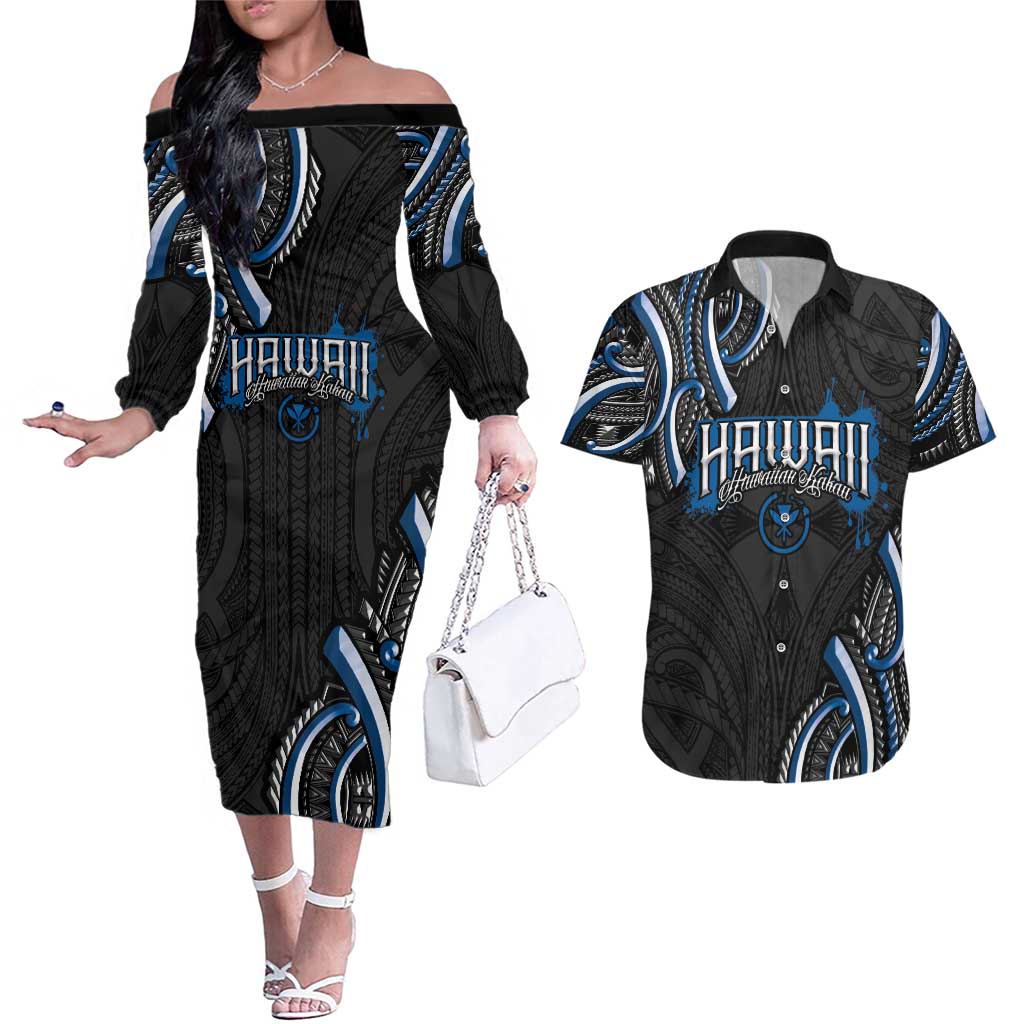 Traditional Art Hawaiian Kakau Tattoos Couples Matching Off The Shoulder Long Sleeve Dress and Hawaiian Shirt Blue Color LT03 Blue - Polynesian Pride
