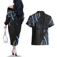 Traditional Art Hawaiian Kakau Tattoos Couples Matching Off The Shoulder Long Sleeve Dress and Hawaiian Shirt Blue Color LT03 - Polynesian Pride