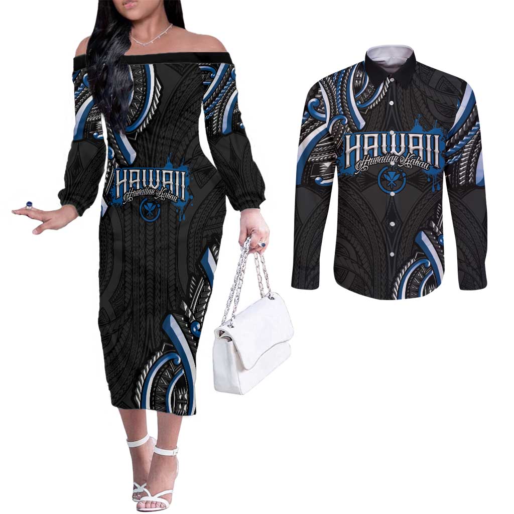 Traditional Art Hawaiian Kakau Tattoos Couples Matching Off The Shoulder Long Sleeve Dress and Long Sleeve Button Shirt Blue Color LT03 Blue - Polynesian Pride