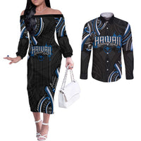Traditional Art Hawaiian Kakau Tattoos Couples Matching Off The Shoulder Long Sleeve Dress and Long Sleeve Button Shirt Blue Color LT03 Blue - Polynesian Pride