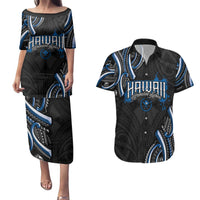 Traditional Art Hawaiian Kakau Tattoos Couples Matching Puletasi and Hawaiian Shirt Blue Color - Polynesian Pride