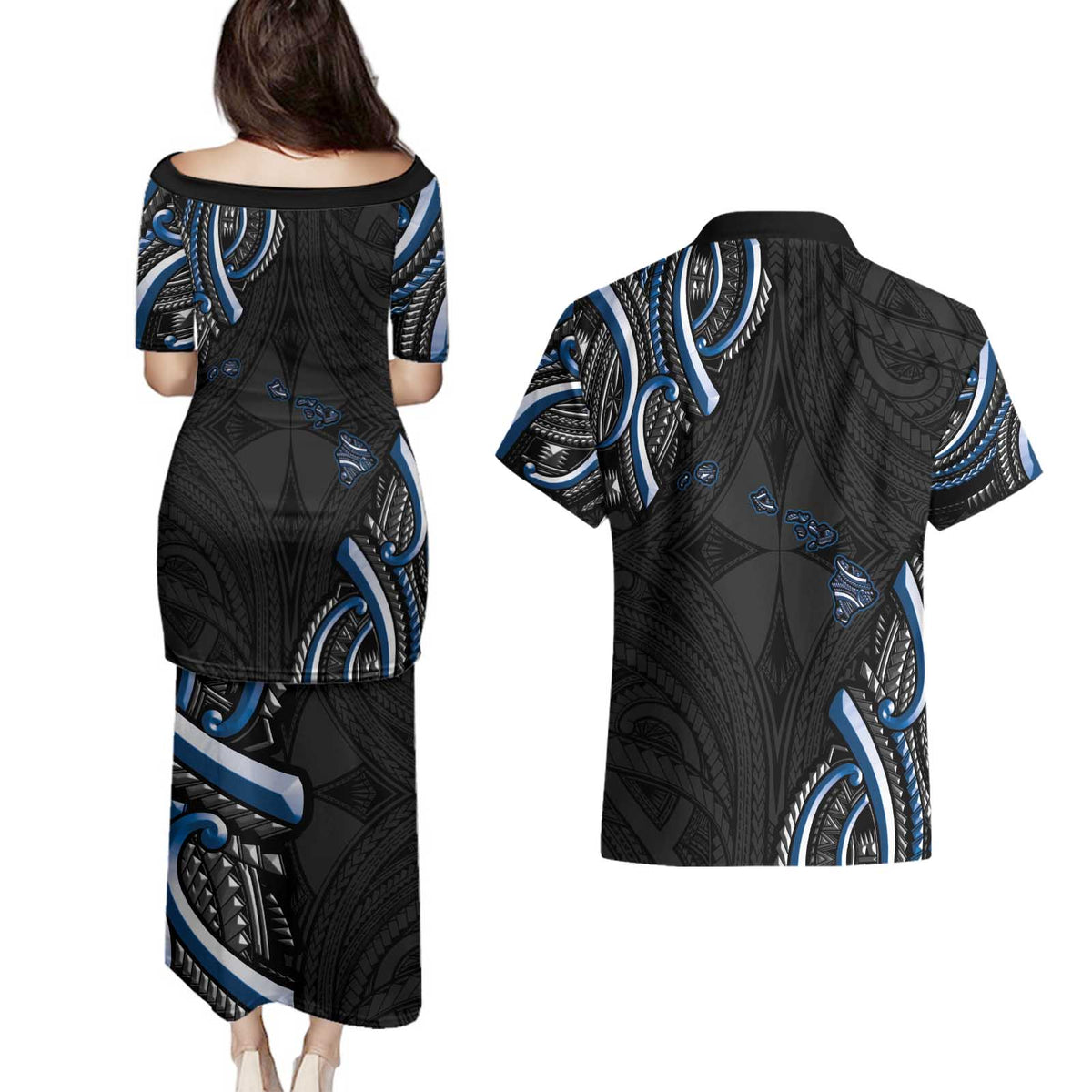 Traditional Art Hawaiian Kakau Tattoos Couples Matching Puletasi and Hawaiian Shirt Blue Color - Polynesian Pride