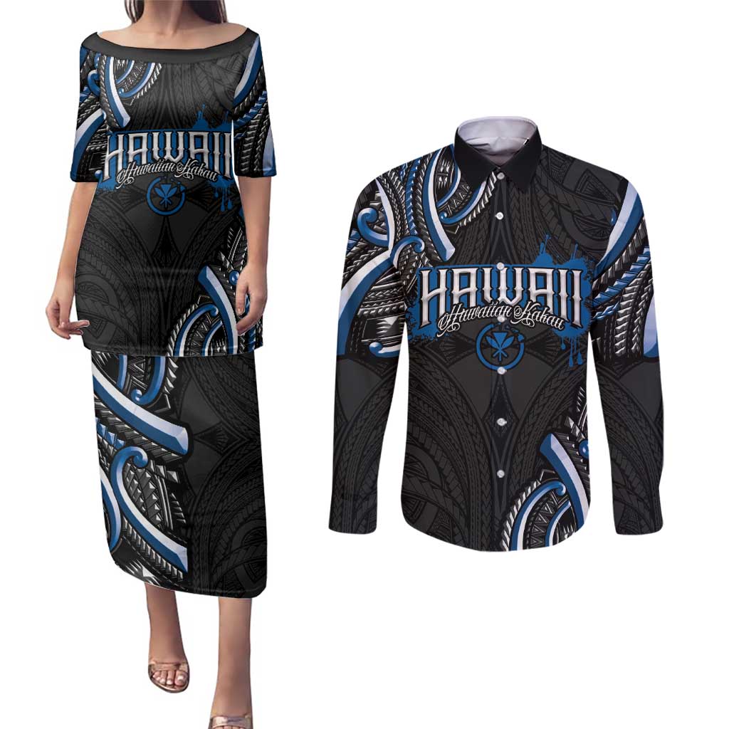 Traditional Art Hawaiian Kakau Tattoos Couples Matching Puletasi and Long Sleeve Button Shirt Blue Color - Polynesian Pride