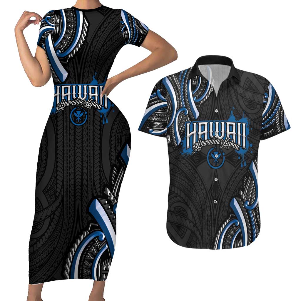 Traditional Art Hawaiian Kakau Tattoos Couples Matching Short Sleeve Bodycon Dress and Hawaiian Shirt Blue Color LT03 Blue - Polynesian Pride