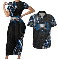 Traditional Art Hawaiian Kakau Tattoos Couples Matching Short Sleeve Bodycon Dress and Hawaiian Shirt Blue Color LT03 Blue - Polynesian Pride
