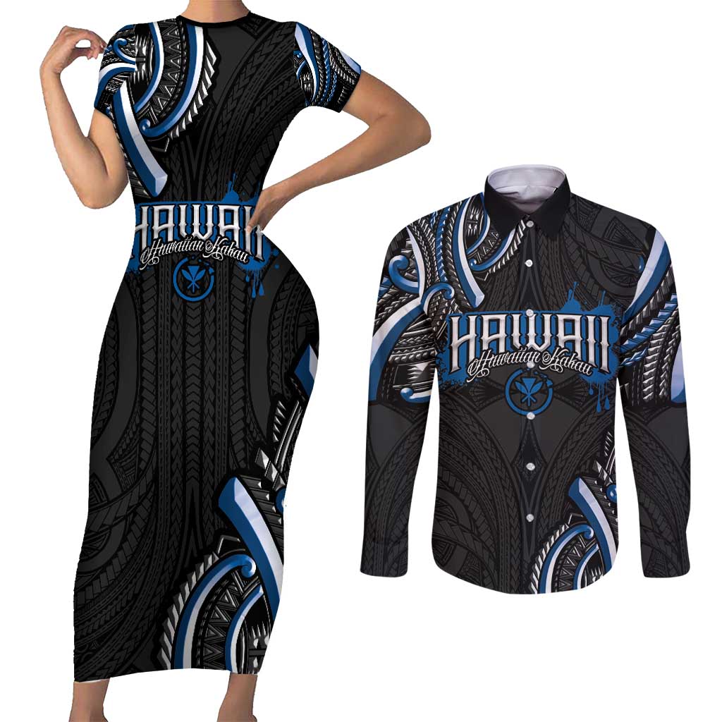 Traditional Art Hawaiian Kakau Tattoos Couples Matching Short Sleeve Bodycon Dress and Long Sleeve Button Shirt Blue Color LT03 Blue - Polynesian Pride