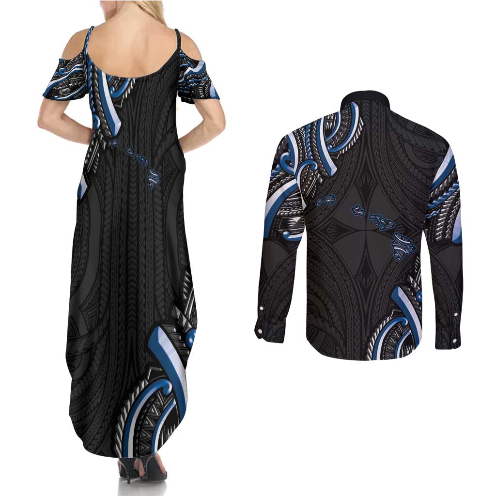 Traditional Art Hawaiian Kakau Tattoos Couples Matching Summer Maxi Dress and Long Sleeve Button Shirt Blue Color - Polynesian Pride