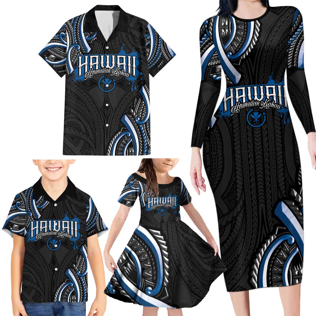 Traditional Art Hawaiian Kakau Tattoos Family Matching Long Sleeve Bodycon Dress and Hawaiian Shirt Blue Color LT03 - Polynesian Pride