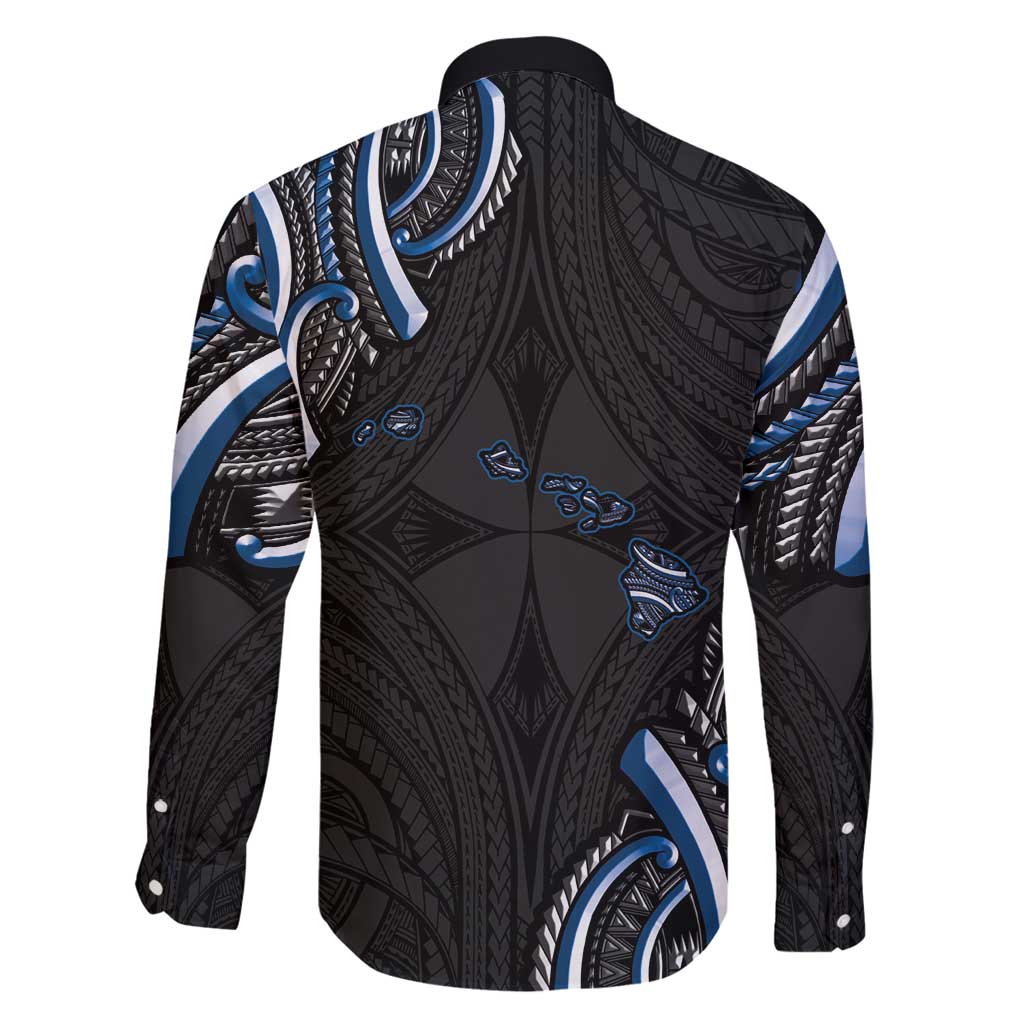 Traditional Art Hawaiian Kakau Tattoos Family Matching Long Sleeve Bodycon Dress and Hawaiian Shirt Blue Color LT03 - Polynesian Pride