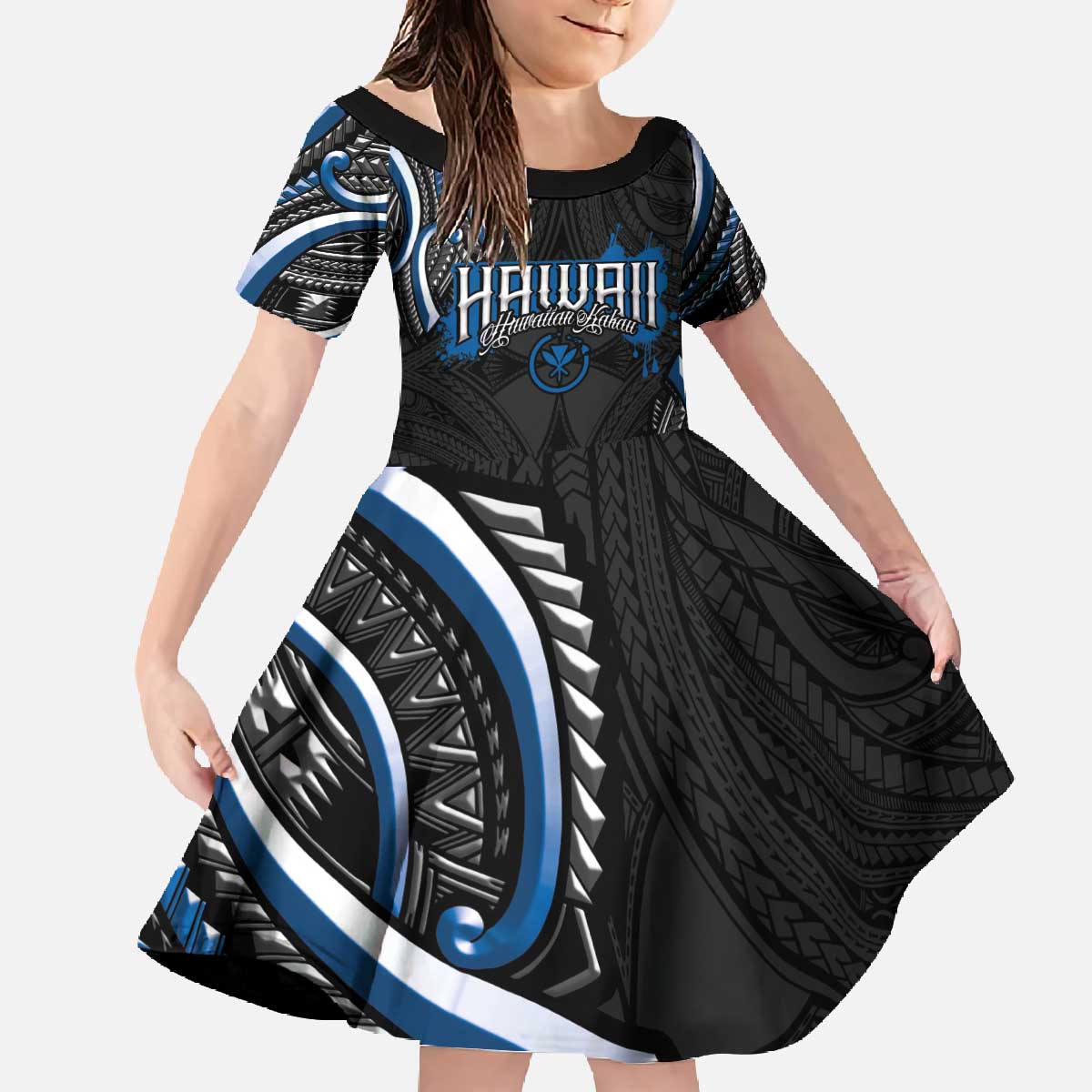 Traditional Art Hawaiian Kakau Tattoos Family Matching Off The Shoulder Long Sleeve Dress and Hawaiian Shirt Blue Color LT03 Daughter's Dress Blue - Polynesian Pride