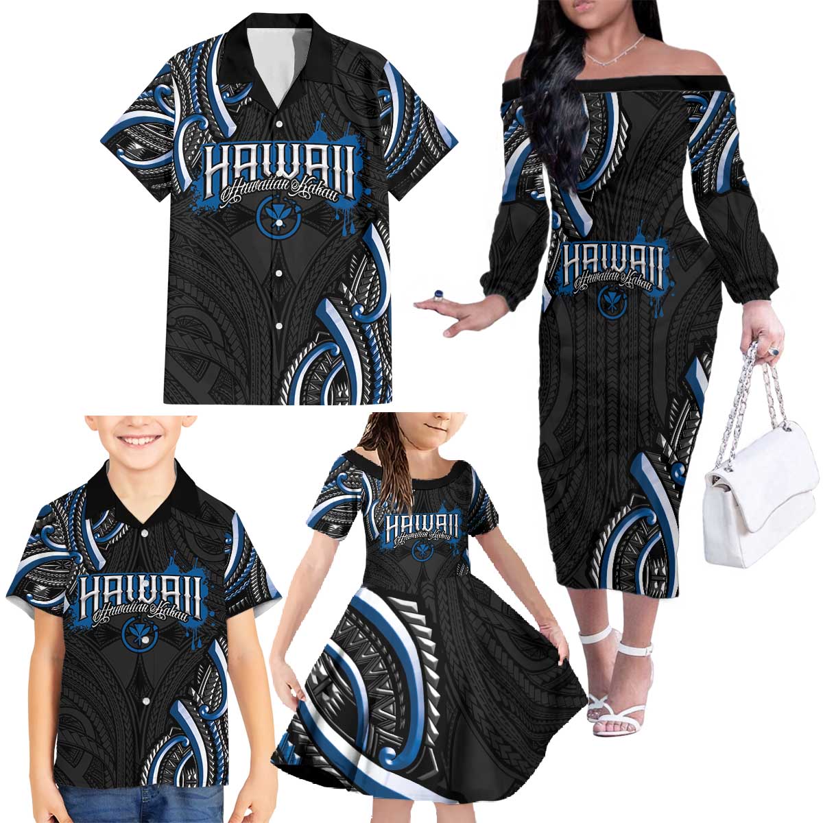 Traditional Art Hawaiian Kakau Tattoos Family Matching Off The Shoulder Long Sleeve Dress and Hawaiian Shirt Blue Color LT03 - Polynesian Pride