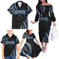 Traditional Art Hawaiian Kakau Tattoos Family Matching Off The Shoulder Long Sleeve Dress and Hawaiian Shirt Blue Color LT03 - Polynesian Pride