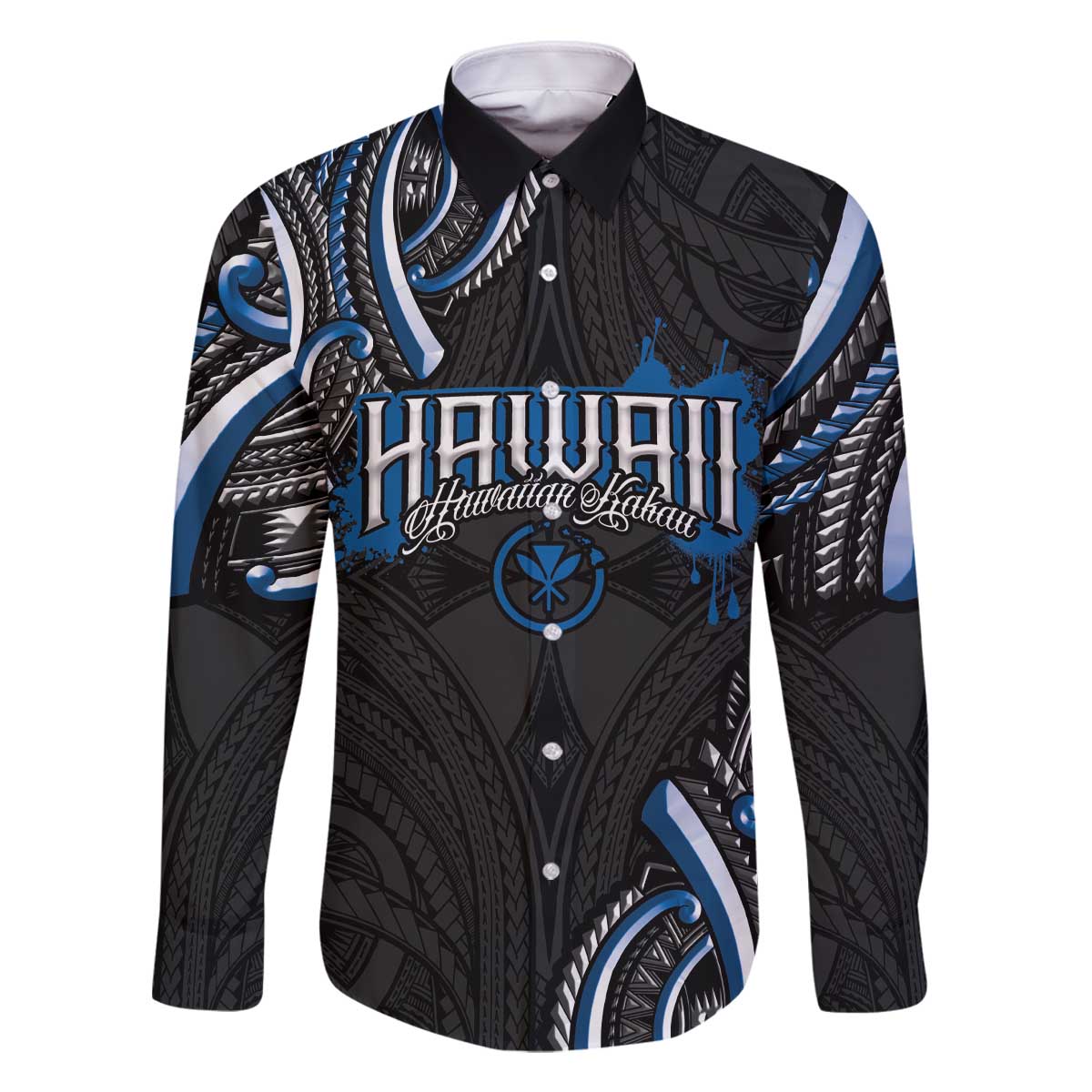 Traditional Art Hawaiian Kakau Tattoos Family Matching Off The Shoulder Long Sleeve Dress and Hawaiian Shirt Blue Color LT03 Dad's Shirt - Long Sleeve Blue - Polynesian Pride