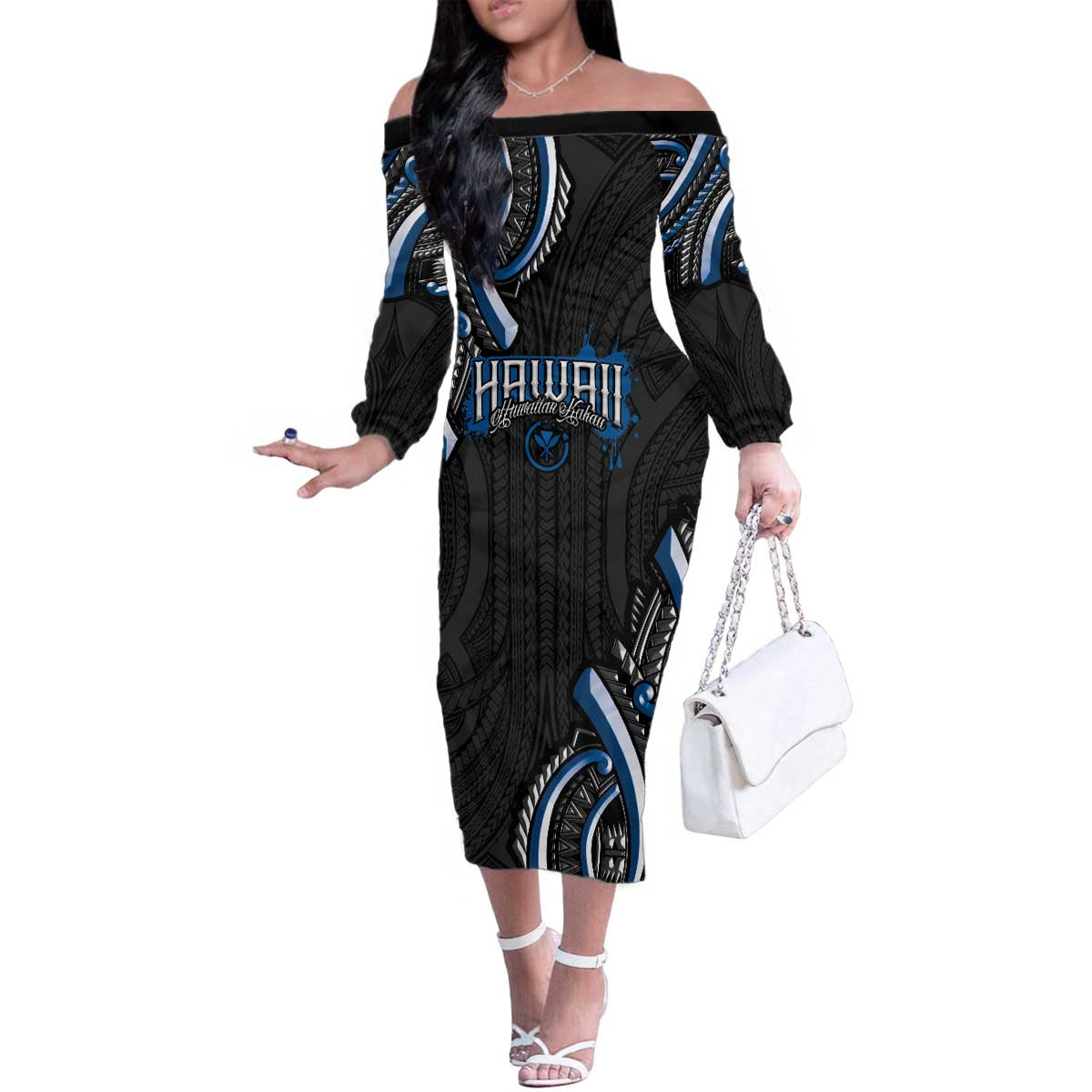 Traditional Art Hawaiian Kakau Tattoos Family Matching Off The Shoulder Long Sleeve Dress and Hawaiian Shirt Blue Color LT03 Mom's Dress Blue - Polynesian Pride