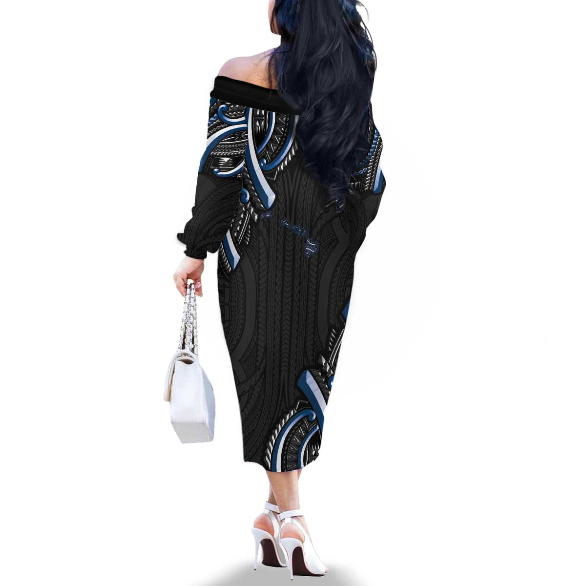 Traditional Art Hawaiian Kakau Tattoos Family Matching Off The Shoulder Long Sleeve Dress and Hawaiian Shirt Blue Color LT03 - Polynesian Pride